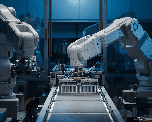 Robotic arms assembling electronic components in factory.
