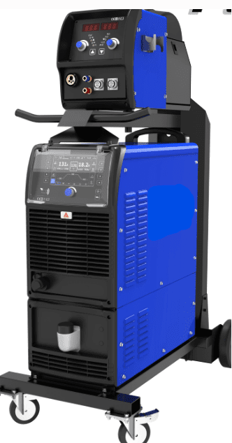 Blue industrial welding machine on wheels.