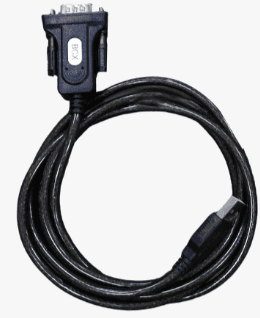 Black USB to serial converter cable.